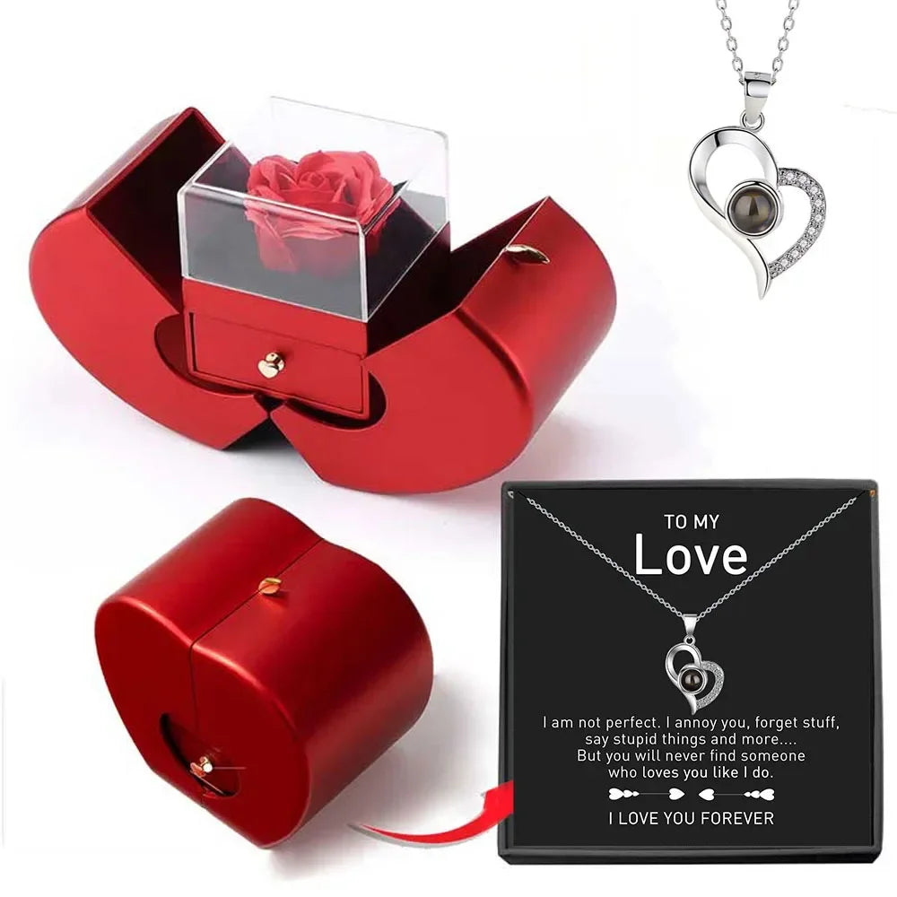 Christmas Gift Red Apple Jewelry Box Necklace with Eternal Rose - Perfect for Girls, Mother's Day, New Year, Valentine's Day Gifts 🍎💖🎁 ShopOnlyDeal