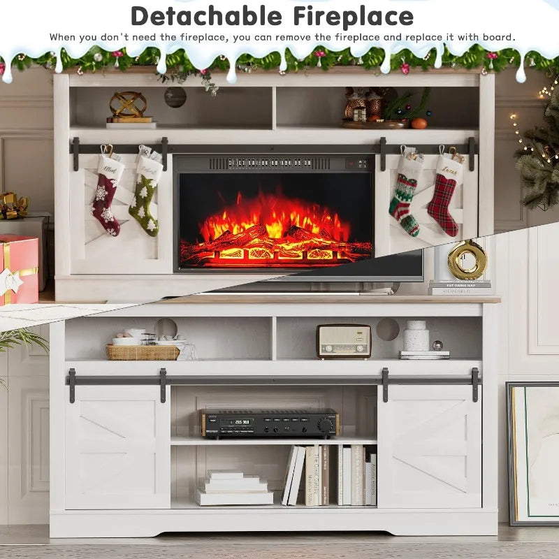 Fireplace TV Stand for Television up to 65+ Inch with Storage and Farmhouse Sliding Barn Doors, Entertainment Center ShopOnlyDeal