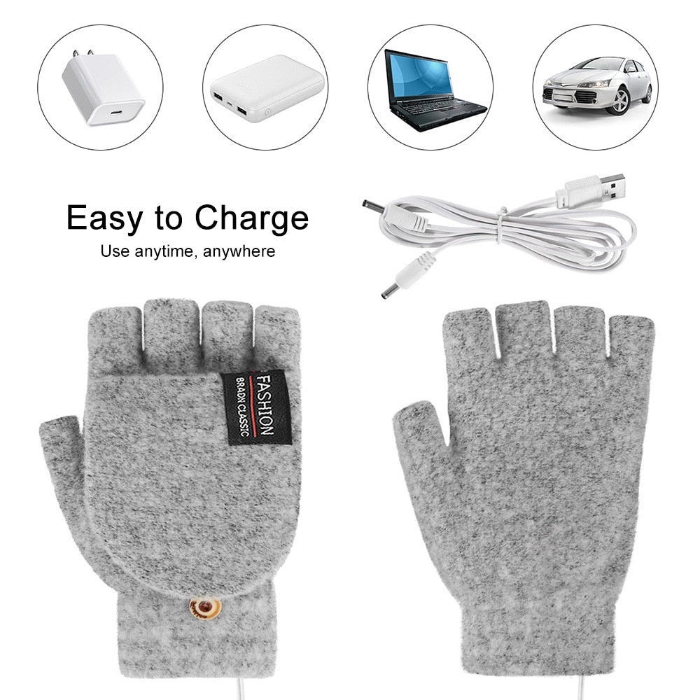 USB Electric Heated Gloves Cute One-Side Fingered Knitted Mittens Adjustable Heat Portable Hand Warmer Gloves Adjustable Warmers Cold Weather Heater Clothes ShopOnlyDeal