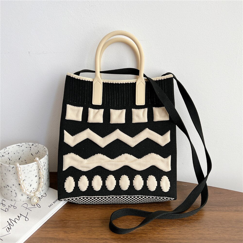 Mini Knitted Handmade Shopping Bags Women Reusable Crossbody Japanese Casua Knot Wrist Bag Student Stripe Plaid Tote Bag Phone Bag ShopOnlyDeal