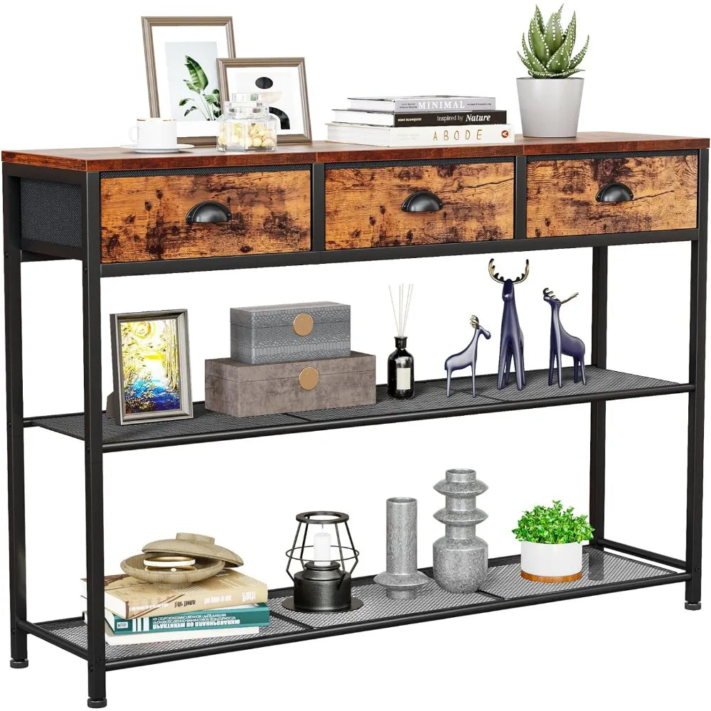 Entryway Table with Fabric Drawers | 38" Industrial Console Sofa Table | Storage Shelves & Display Shelf ShopOnlyDeal