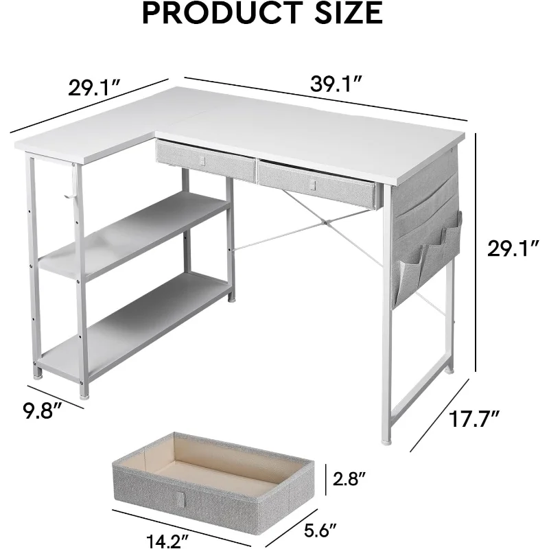 Compact and Functional: Small Desk with Drawers, 39" Corner Desk with Storage, Shelves, and Side Pouch - Your Space-Saving Study Solution ShopOnlyDeal