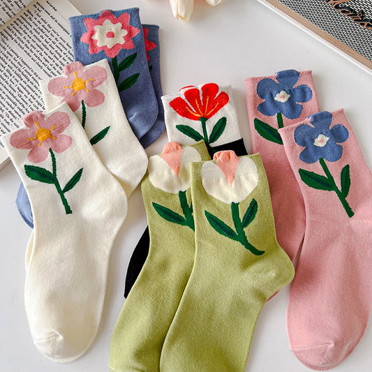 Women Socks Japanese Korean Style 1 Pair Cartoon Flower Candy Color Harajuku Kawaii Mid Tube Socks Breathable Casual Short Socks ShopOnlyDeal