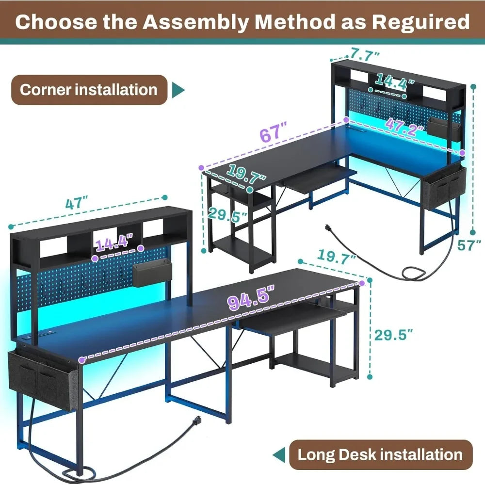 L-Shaped Gaming Desk | Reversible Computer Desk with Power Outlet & Pegboard | LED Lights & Keyboard Tray ShopOnlyDeal