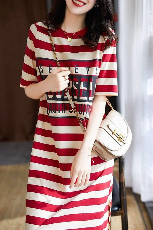 Striped Print Short Sleeve Midi Dress Summer Aesthetic Clothes Korean Fashion Casual Harajuku Dresses for Women 2023 Vestidos ShopOnlyDeal
