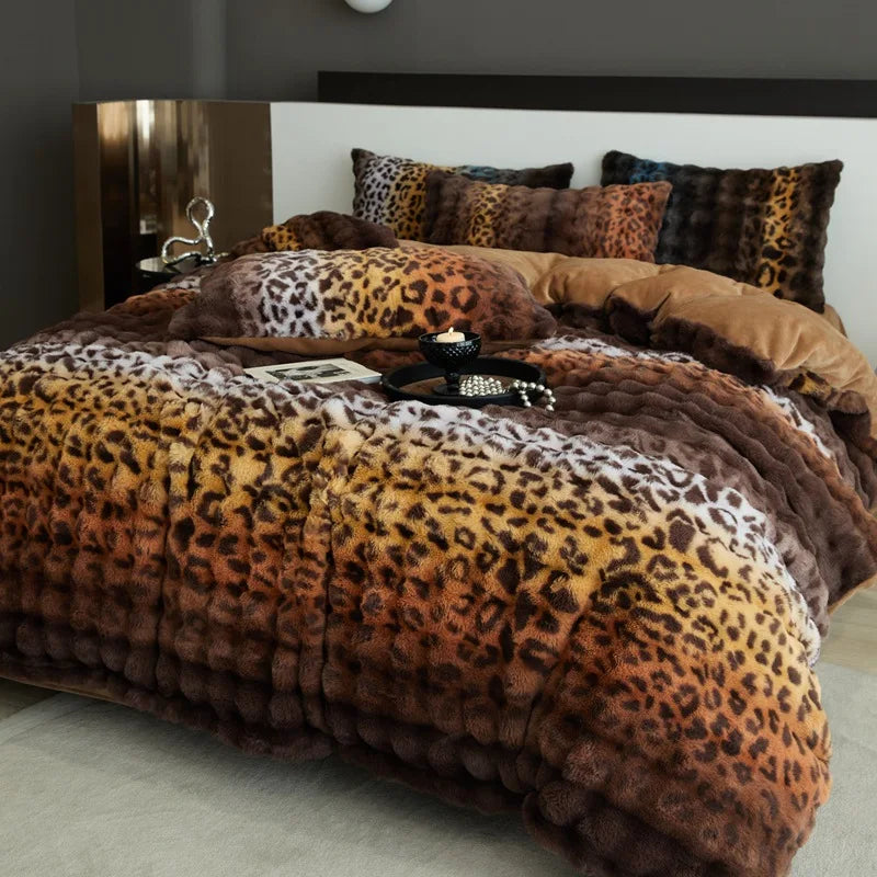 New Leopard Print Milk Fleece Plush Thickened Winter Warm Four-piece Gradient Quilt Cover Sheet Quilt Cover Blanket Bedding Set ShopOnlyDeal