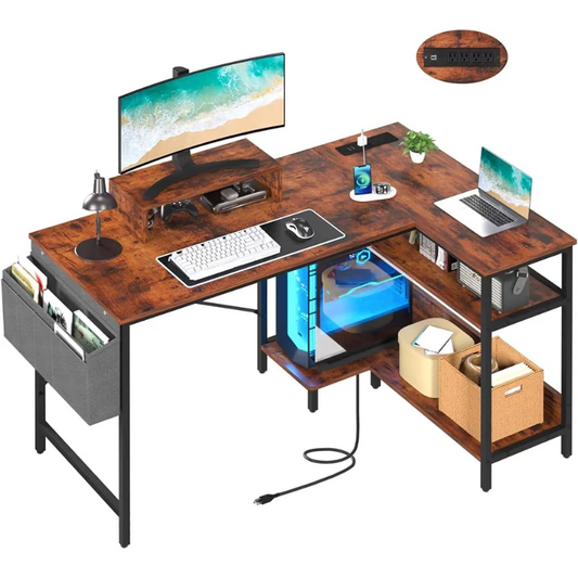 L-Shaped Desk - 47 Inch Computer Desk with Outlets & USB Ports, Home Office Desk with Monitor Stand, Corner Desk for Home Office ShopOnlyDeal