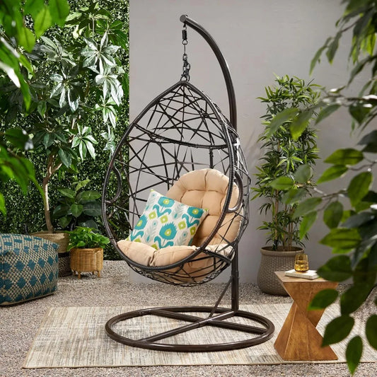 Outdoor Swing Terrace Brown CKH Wicker Tear Drop Hanging Chair Outdoor Garden Chairs and Terrace Room Beach Lounger Furniture ShopOnlyDeal