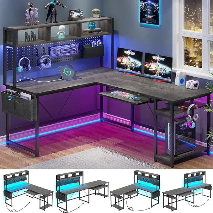 L-Shaped Gaming Desk | Reversible Computer Desk with Power Outlet & Pegboard | LED Lights & Keyboard Tray ShopOnlyDeal