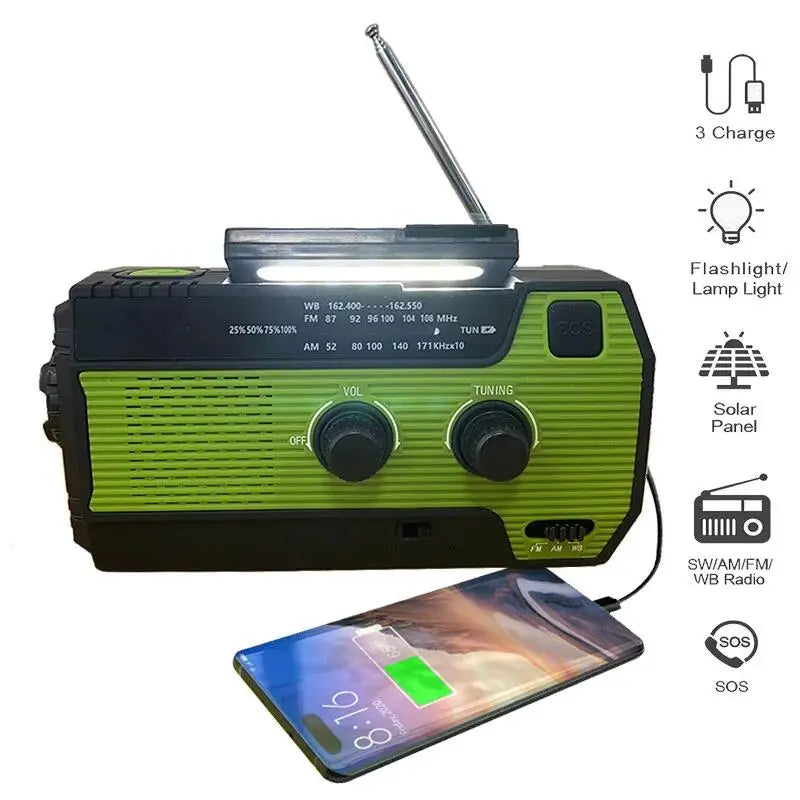 Portable Emergency Radio 4000mAh Solar Hand Crank Cell Phone Charger Radios AM/FM/NOAA LED Flashlight Outdoor Indoor Light Night ShopOnlyDeal