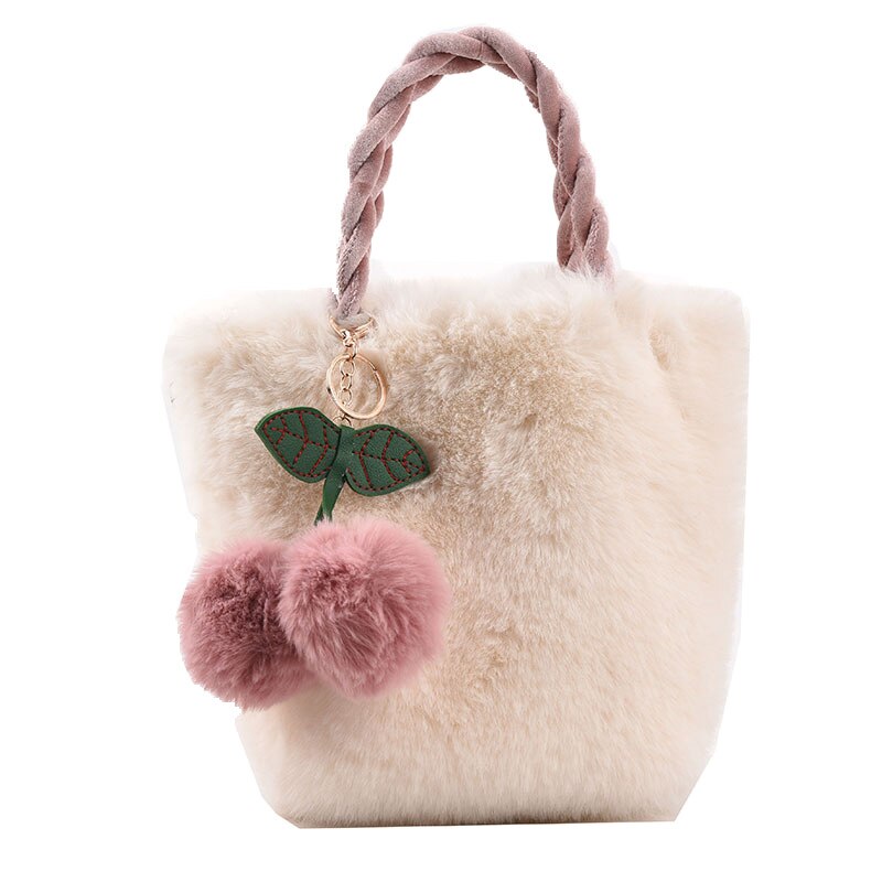 Plush Cherry Pendant Tote Bag Winter Bag Women Plush Clutch Fashion Faux Fur Totes Underarm Handbags Party Shoulder Bags Female Hand Purse ShopOnlyDeal