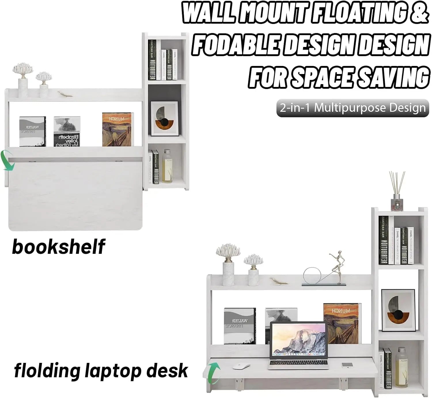 Floating Desk,Wall Mounted Fold Down Wooden Laptop Computer Desk with Storage Shelves Folding Table Desk Workstation ShopOnlyDeal