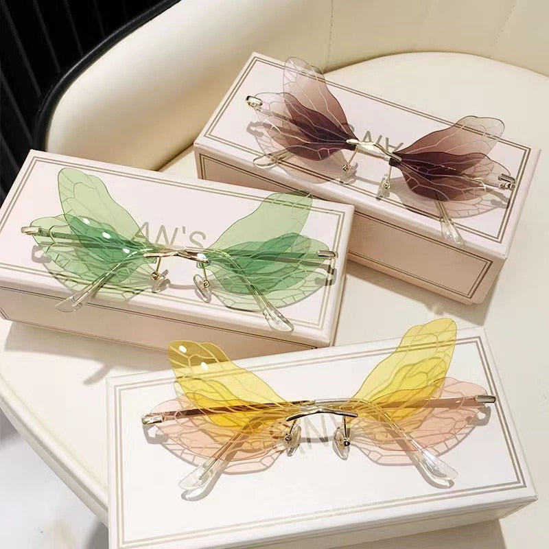 2022 Vintage Dragonfly Wings Sunglasses Fashion Rimless Women Clear Lens Eyewear Men Pink Sun Glasses UV400 Eyewear Female ShopOnlyDeal