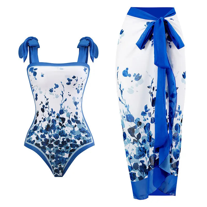 Blue One-Shoulder Ruffled Print Floral Swimsuit Set Cover Up Single Piece Micro Monokini Sexy Swimwear For Girls Summer Beach ShopOnlyDeal