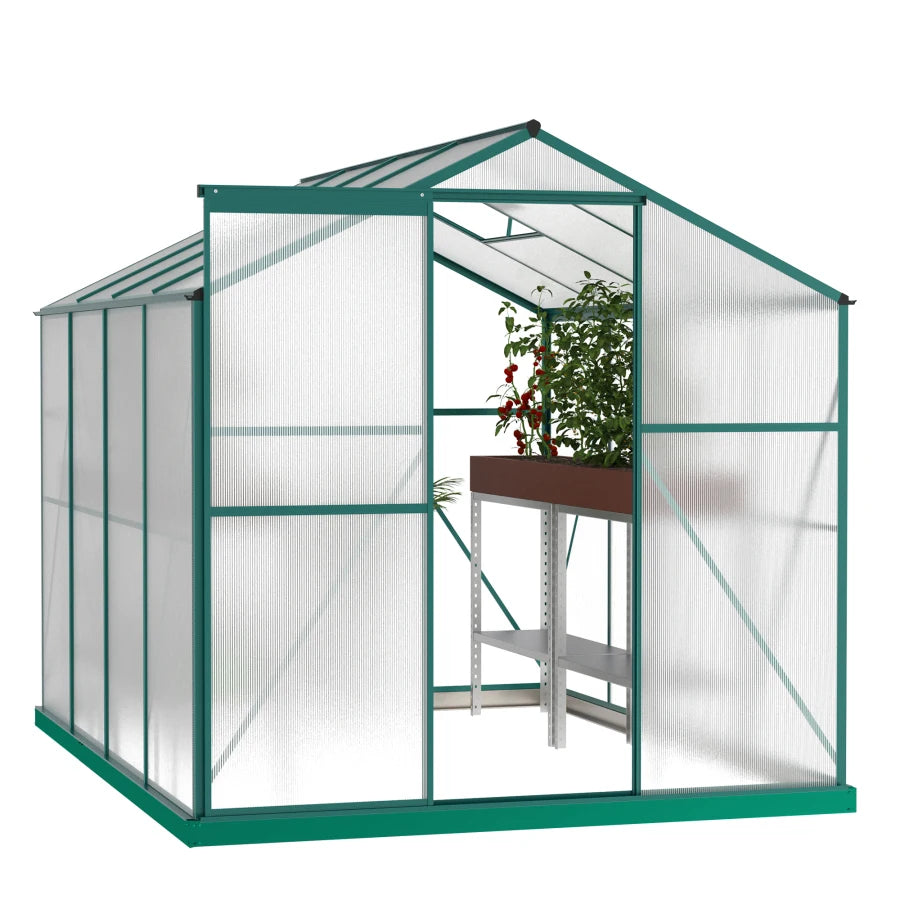 Outdoor Patio Greenhouse, Walk-in Polycarbonate Greenhouse with 2 Windows and Base,Aluminum Greenhouse with Sliding Door Green ShopOnlyDeal