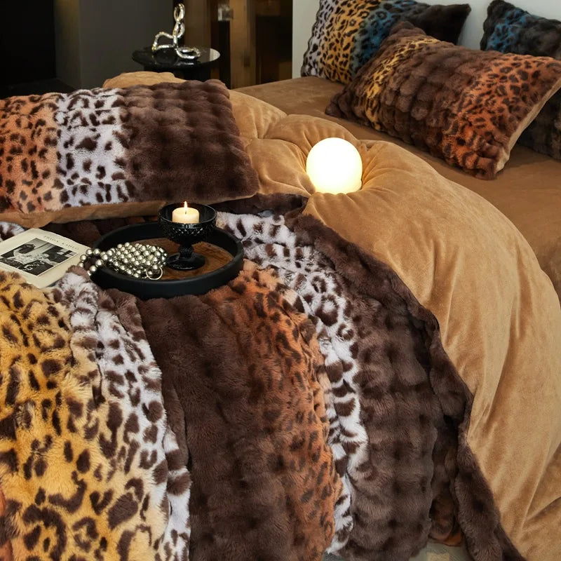 New Leopard Print Milk Fleece Plush Thickened Winter Warm Four-piece Gradient Quilt Cover Sheet Quilt Cover Blanket Bedding Set ShopOnlyDeal