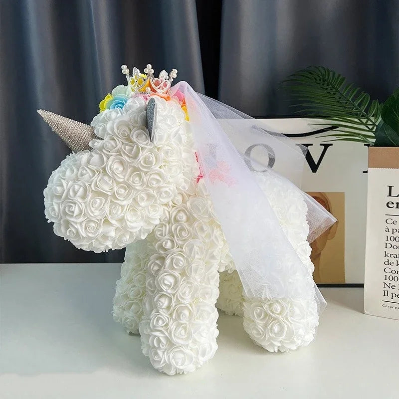 Unicorn Preserved Flowers Statue - Artificial Rose Preserved Fresh Flower Unicorn, Unique Living Room Decoration, Perfect for Proposals and Valentine's Gifts ShopOnlyDeal