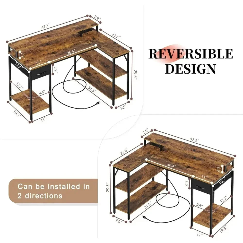 Ultimate Gaming and Workspace Fusion: L Shaped Gaming Desk with LED Lights, Power Outlets, Shelves, and Reversible Design - Your Versatile Home Office and Gaming Command Center ShopOnlyDeal