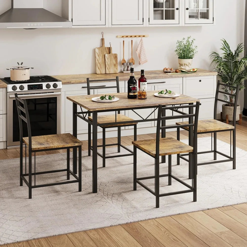 Dining Table Set 5 Piece Dining Set,Wood Metal 42" Dinings Tables and 4 Chairs Home Kitchen Breakfast Furniture-Black Smoked Oak ShopOnlyDeal