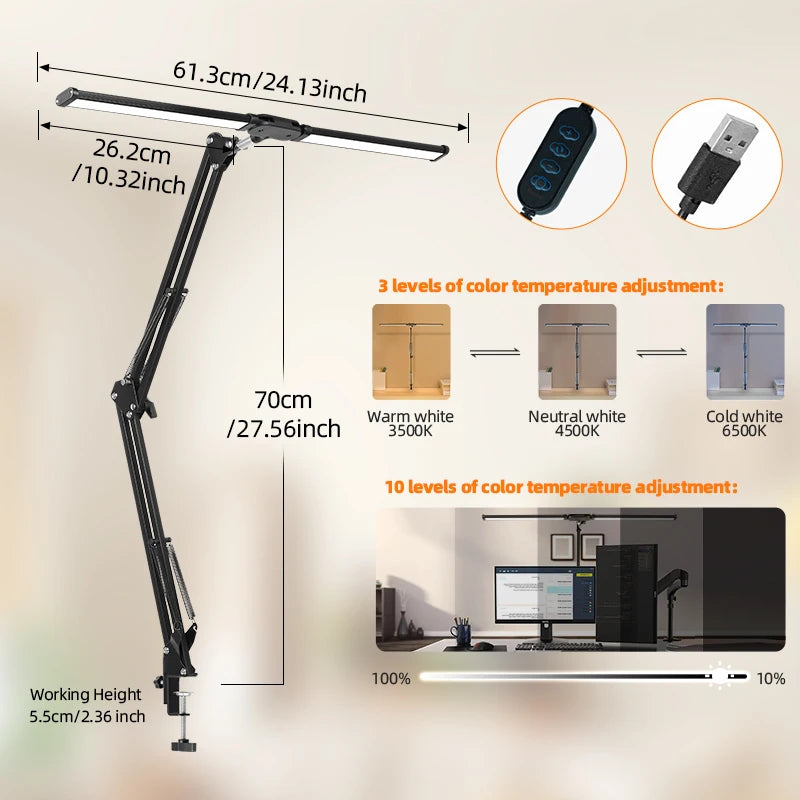 Double Head LED Desk Lamps Stepless Dimmable Led Computer Monitor Light USB Table Lamp for Office Study Reading Lighting Fixture ShopOnlyDeal