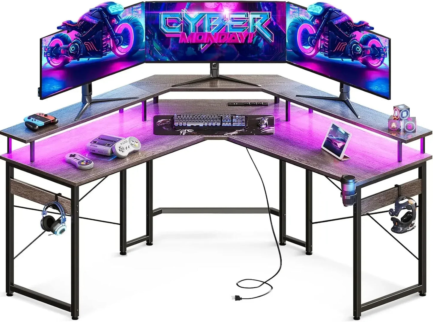 Gaming Powerhouse: 51" L Shaped Gaming Desk with LED Lights, Full Monitor Stand, and Integrated Power Outlets - Corner Desk with Cup Holder for Ultimate Gaming Setup ShopOnlyDeal