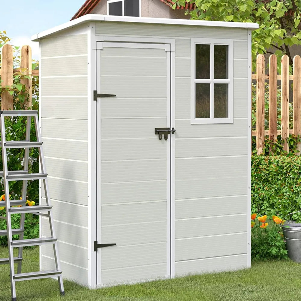 Outdoor Storage Shed 5x3 FT, Resin Garden Shed, Outdoor Storage Box with Lockable Door for Backyard, Patio, Lawn, Sandstone ShopOnlyDeal