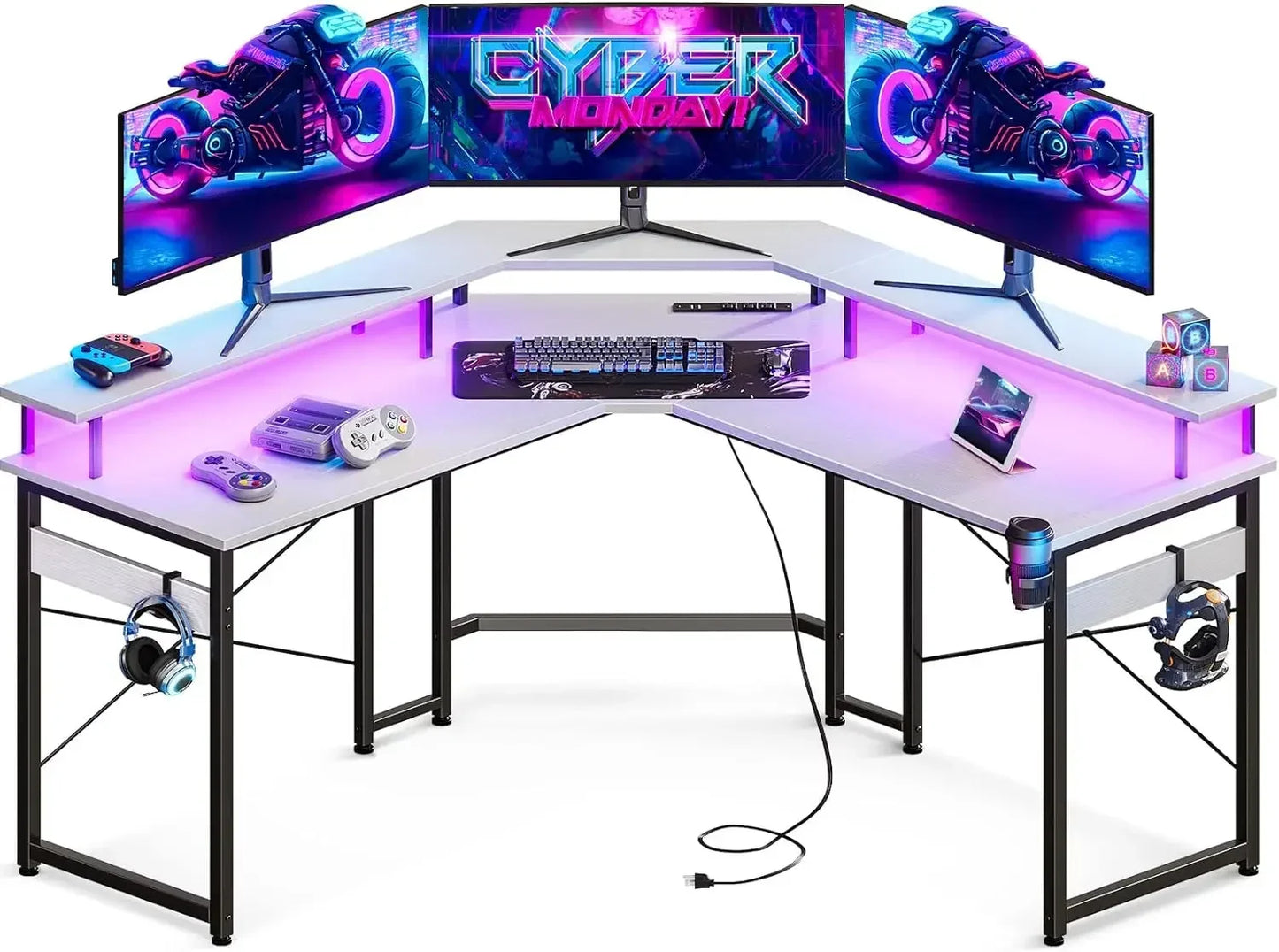 Gaming Powerhouse: 51" L Shaped Gaming Desk with LED Lights, Full Monitor Stand, and Integrated Power Outlets - Corner Desk with Cup Holder for Ultimate Gaming Setup ShopOnlyDeal