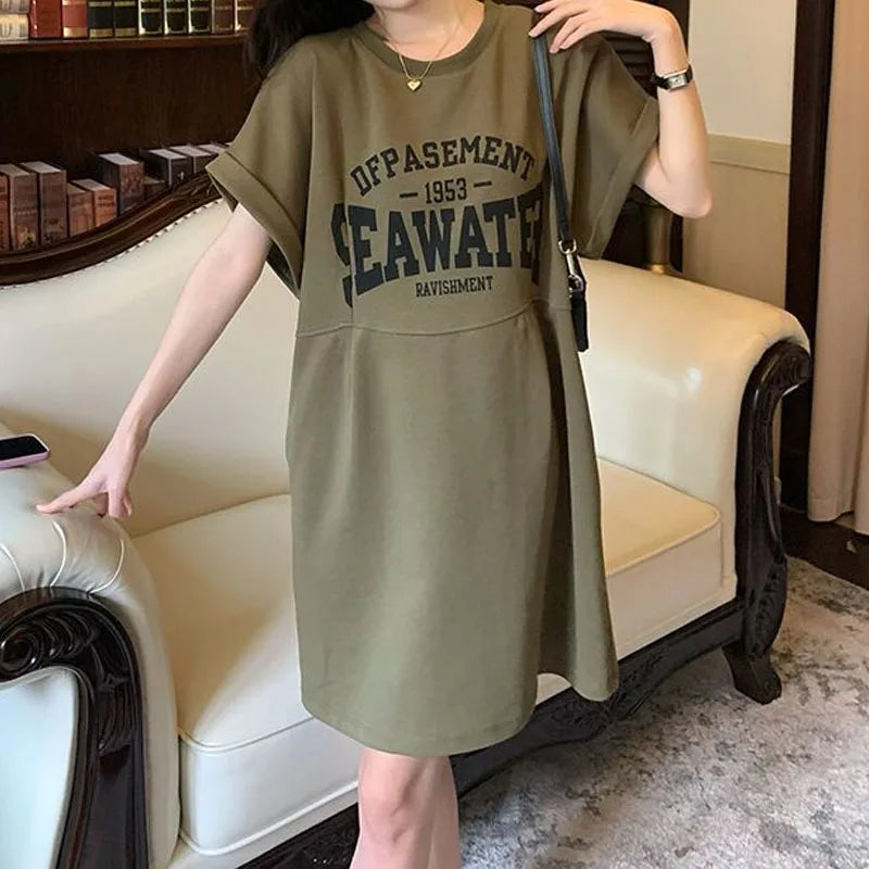 Korean Fashion Letter Printed Dresses Summer Women's Clothing Round Neck Comfortable Casual Short Sleeve Mini Dresses for Female ShopOnlyDeal