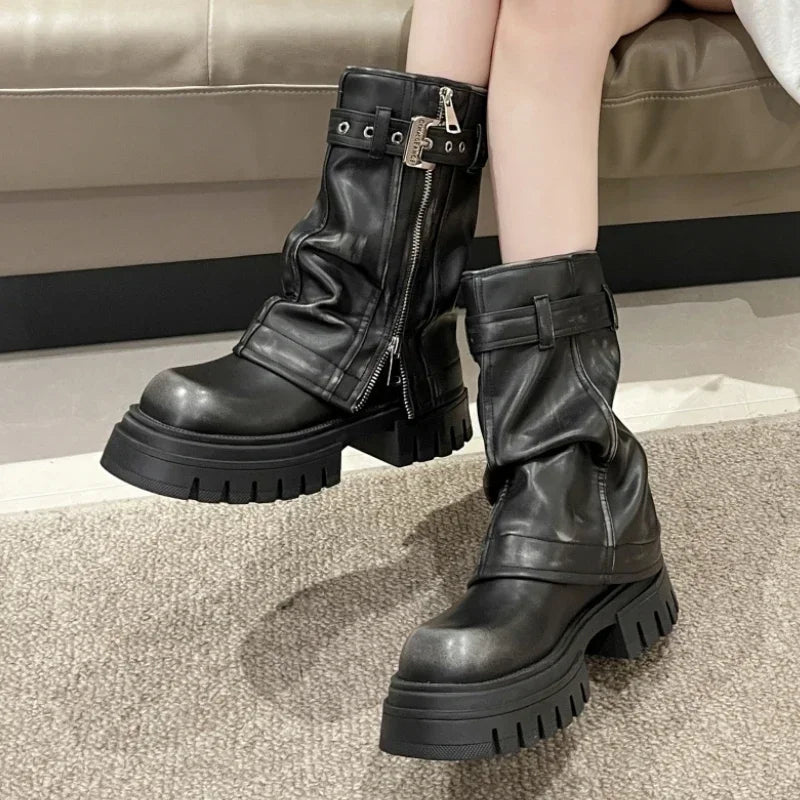 Pleated Women Platform Ankle Chelsea Boots 2024 Winter New Mid Heels Shoes Zipper Motorcycle Boots Chunky Goth Snow Pumps Botas ShopOnlyDeal