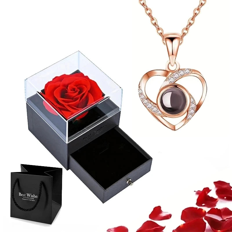 Projection Necklace Set with Rose Gift Box - 100 Languages 'I Love You' Heart Pendant Jewelry, 2023 Hot Sale Accessories, Perfect for Dropshipping 🌹💖🎁 ShopOnlyDeal