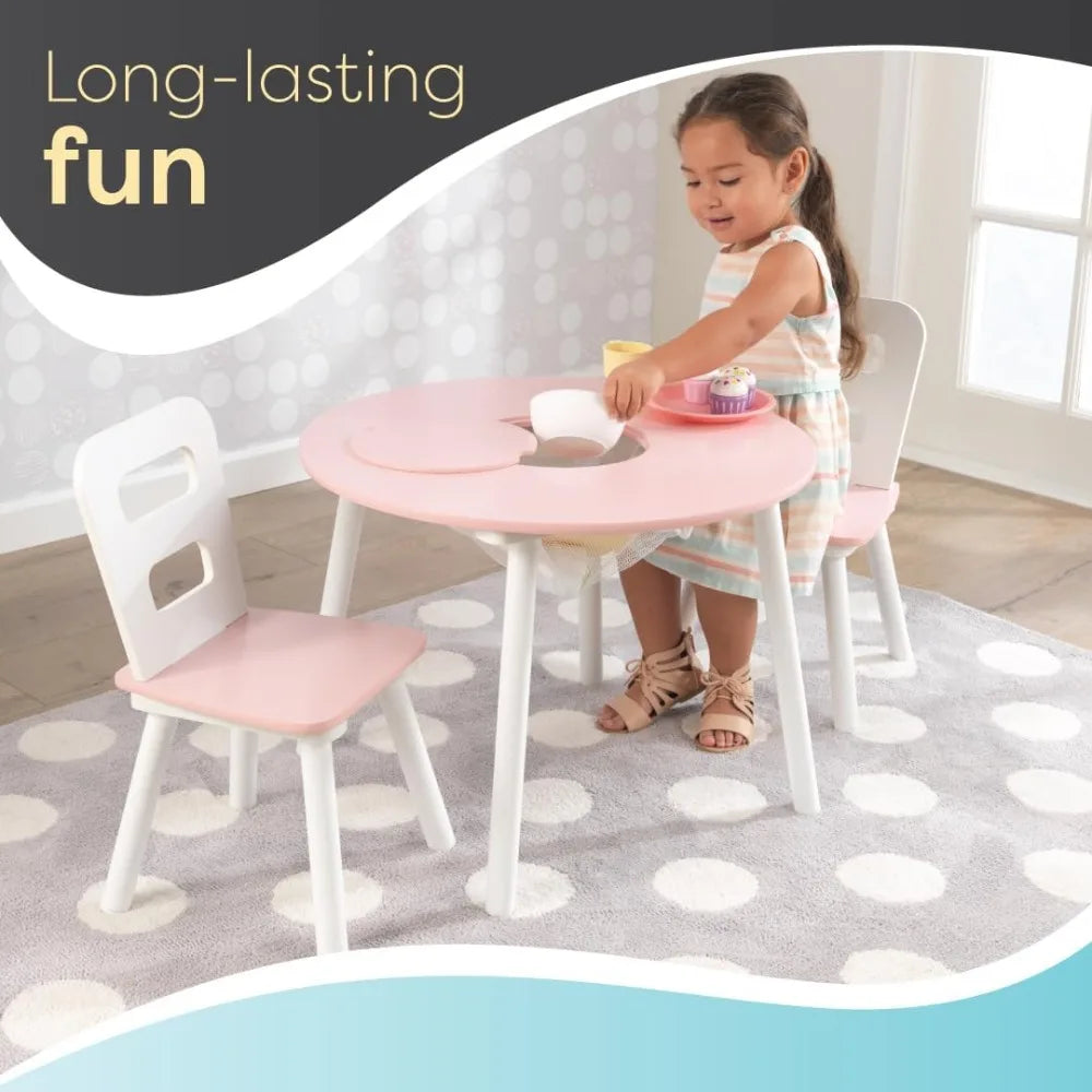 Wooden Round Table & 2 Chair Set with Center Mesh Storage for Children - Pink & White ShopOnlyDeal