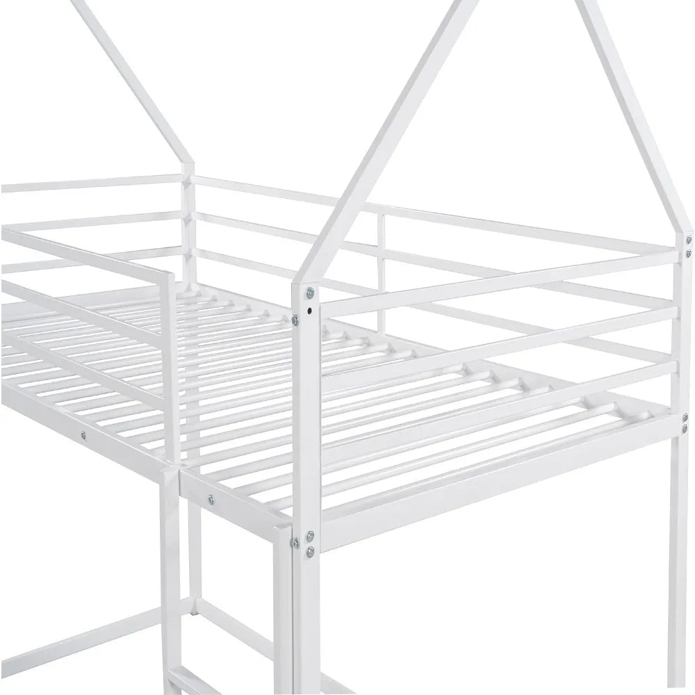 Twin Over Twin Junior Metal Floor Bunk Bed | House Frame Design with Ladder & Roof | Ideal for Kids, Boys & Girls ShopOnlyDeal