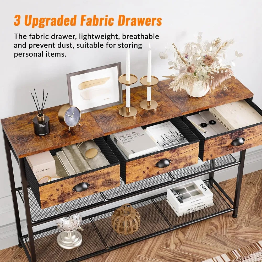 Entryway Table with Fabric Drawers | 38" Industrial Console Sofa Table | Storage Shelves & Display Shelf ShopOnlyDeal