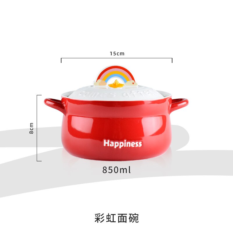 Instant Noodle Bowl Creative Ceramic Red Rainbow Phone Holder Large Cute Ramen Soup Fruit Salad with Handle Microwave Dishwasher Oven Safe ShopOnlyDeal