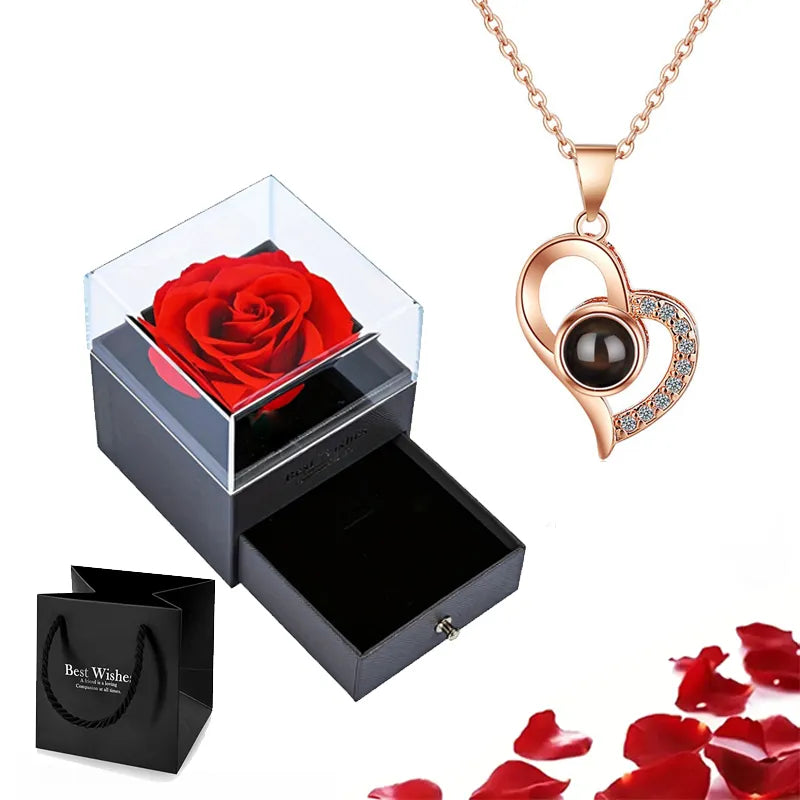 Projection Necklace Set with Rose Gift Box - 100 Languages 'I Love You' Heart Pendant Jewelry, 2023 Hot Sale Accessories, Perfect for Dropshipping 🌹💖🎁 ShopOnlyDeal