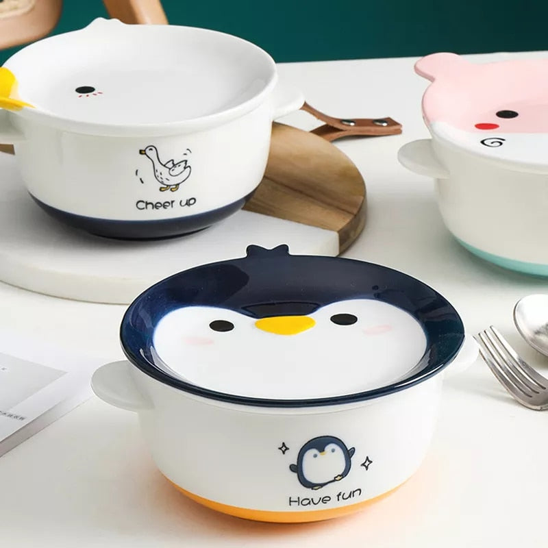Ceramic Ramen Bowl with Lid Cute Instant Noodle Bowl Salad Rice Bowls Animal Kawaii Baby Bowl Child Cartoon Kitchen Tableware ShopOnlyDeal