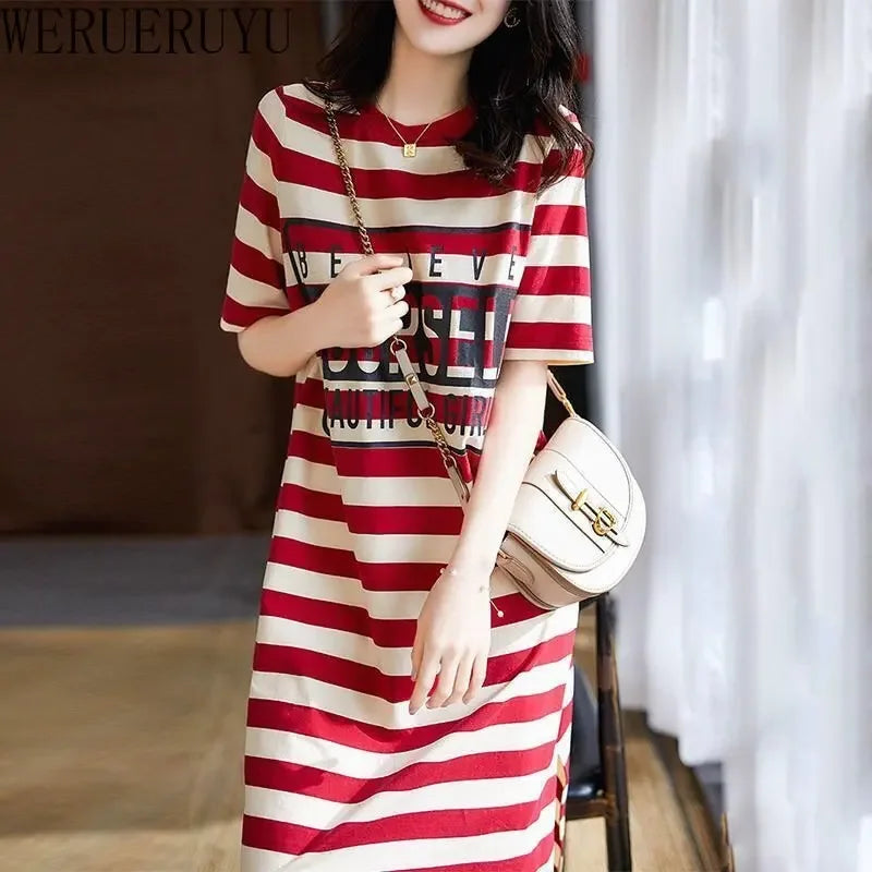 Striped Print Short Sleeve Midi Dress | Summer Aesthetic Clothes | Korean Fashion Casual Harajuku Dresses for Women 2024 ShopOnlyDeal