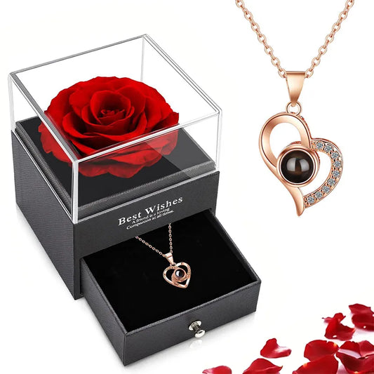 Projection Necklace Set with Rose Gift Box - 100 Languages 'I Love You' Heart Pendant Jewelry, 2023 Hot Sale Accessories, Perfect for Dropshipping 🌹💖🎁 ShopOnlyDeal