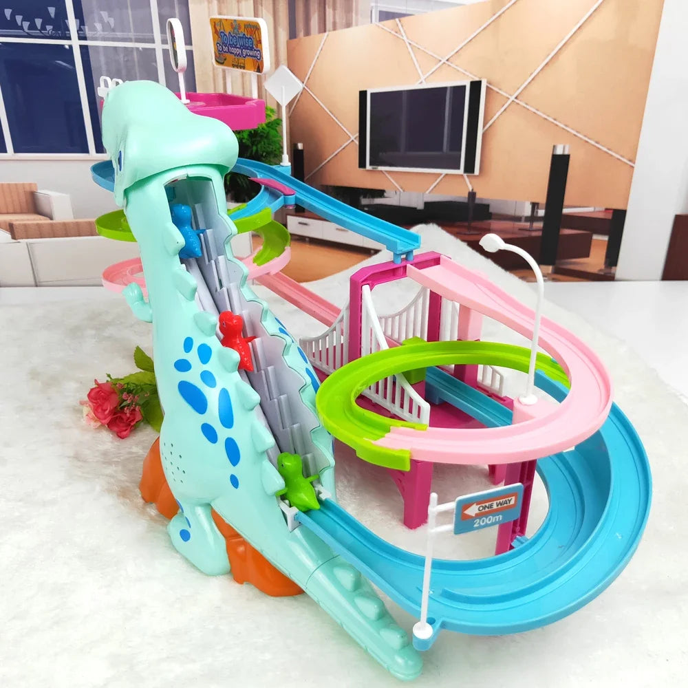 Dinosaur Paradise Suit Pig Toys Climbing Stairs Track Peggy Slide Electric Assembly With Music Colorful ShopOnlyDeal