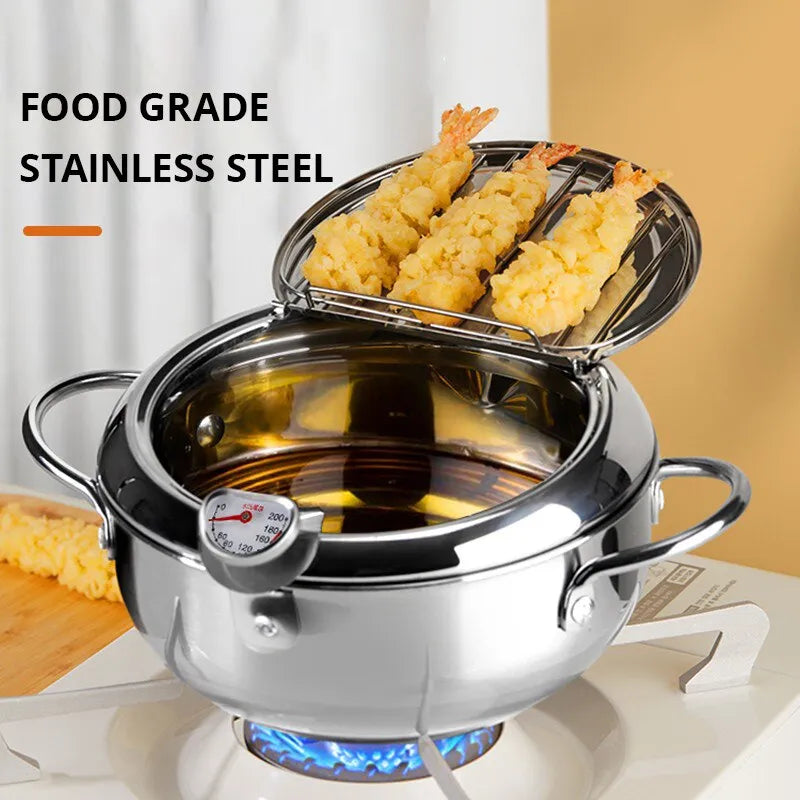 1pc Stainless Steel Oil Pan Household Thermometer With Cover Tempura Oil Fryer Small Oil Saving French Fries Frying Pan ShopOnlyDeal