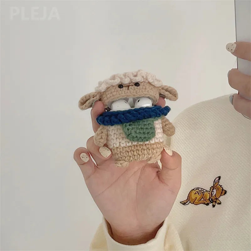 Adorable Plush Sheep Knitting Wool Earphone Case for Apple AirPods 1/2/3 & Pro 2 - Soft Protective Headset Cover for AirPods, Cozy Knit Sheep Design Air Pods Case Funda ShopOnlyDeal