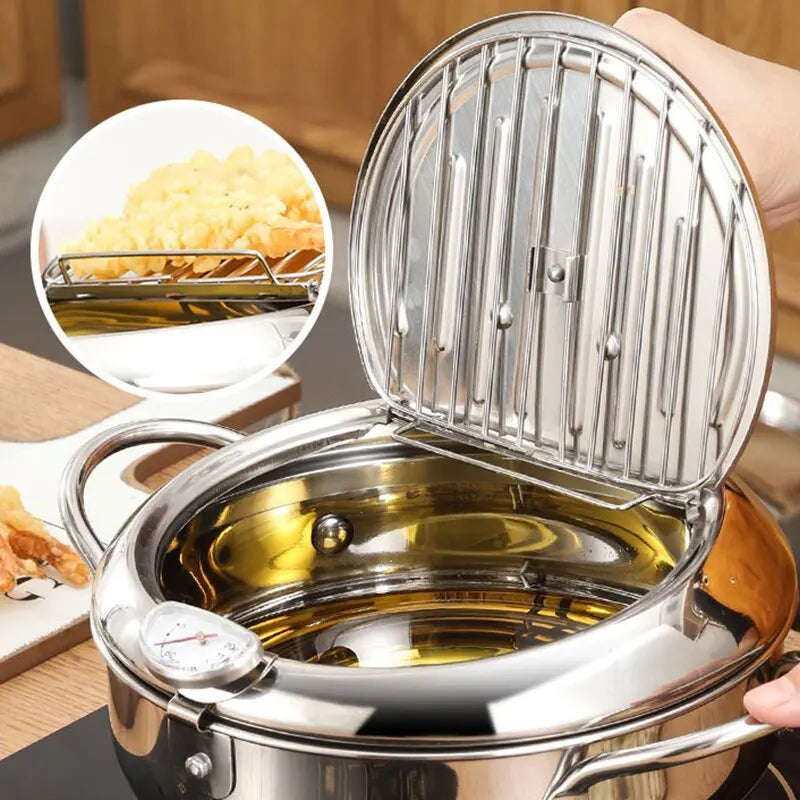 Stainless Steel Oil Pan with Thermometer and Cover - Household Tempura Oil Fryer - Small Oil-Saving French Fries Frying Pan ShopOnlyDeal