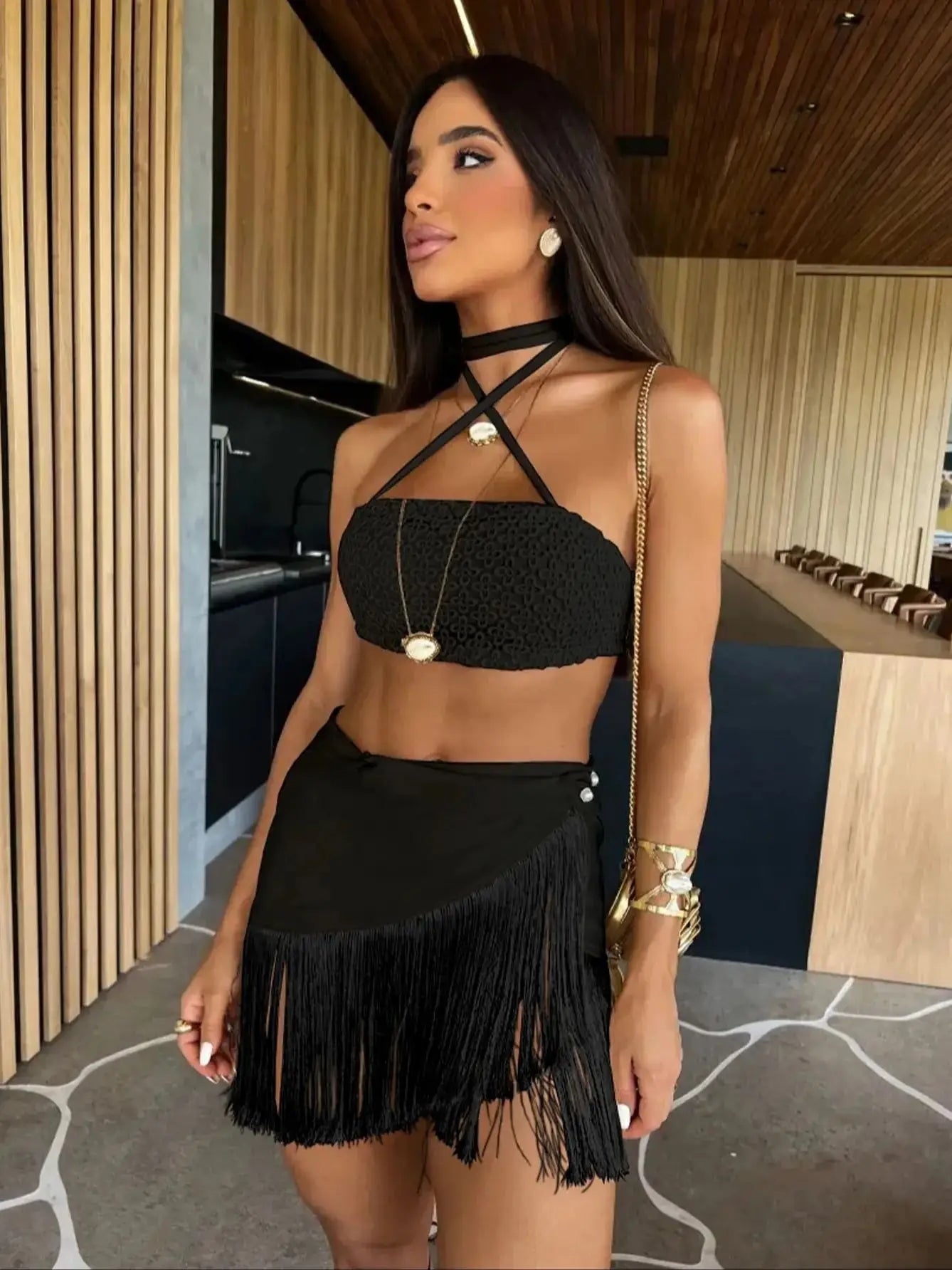 Summer Sexy Tassel Women Two Piece Bikini Set Halter Lace Bra Tassel Mini Skirt Suit Beach Vacation Casual Female Bathing Suit ShopOnlyDeal