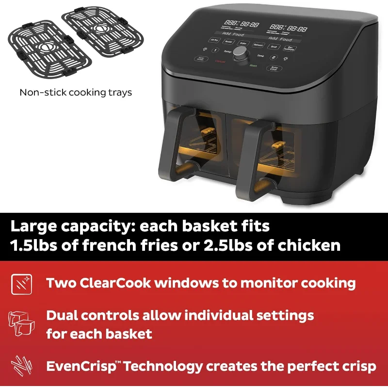 8-quart Dual Basket Air Fryer Oven, 2 Independent Frying Baskets, ClearCook Windows, Dishwasher-Safe Baskets, Black ShopOnlyDeal