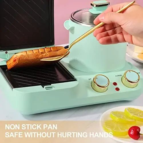 3 in 1 Breakfast Station,  Retro Toaster Breakfast Machine Sandwich Maker with Detachable Non-stick Coating Plate,Stockpot with Gl ShopOnlyDeal