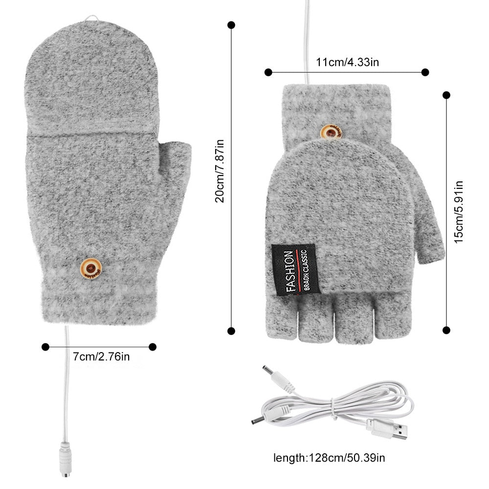 USB Electric Heated Gloves Cute One-Side Fingered Knitted Mittens Adjustable Heat Portable Hand Warmer Gloves Adjustable Warmers Cold Weather Heater Clothes ShopOnlyDeal