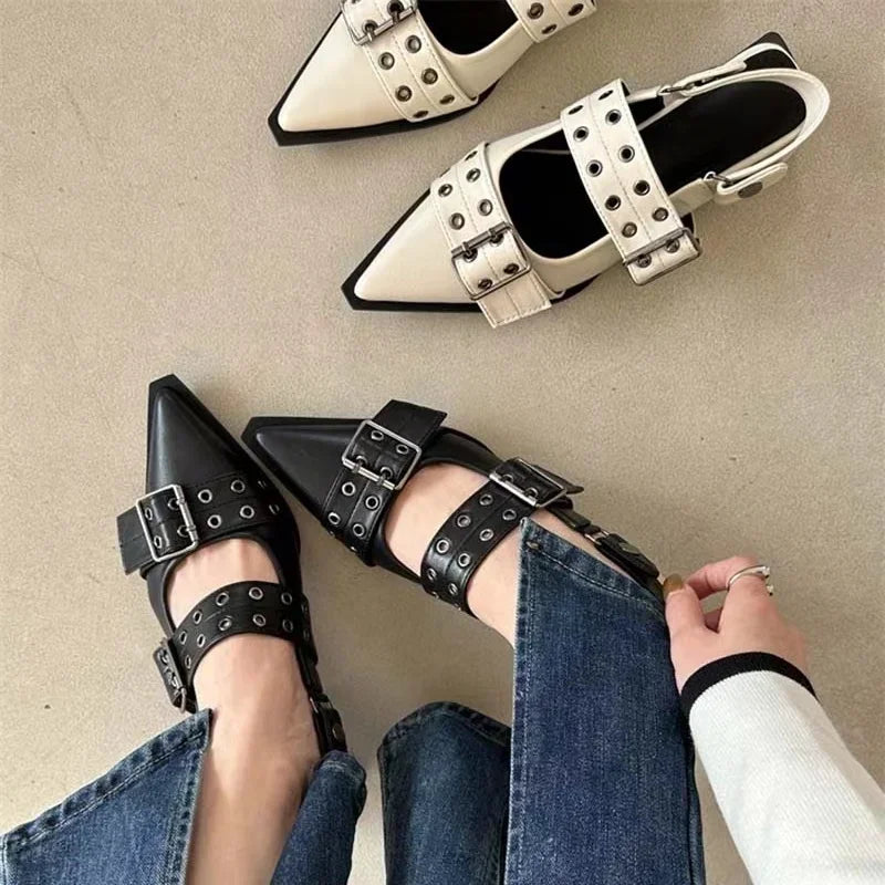 Slingback Shoes Gothic Chunky Heels Women's Pumps Rivet Street Style Medium Heel Punk Vintage Casual Sandals Spring Summer 2024 ShopOnlyDeal