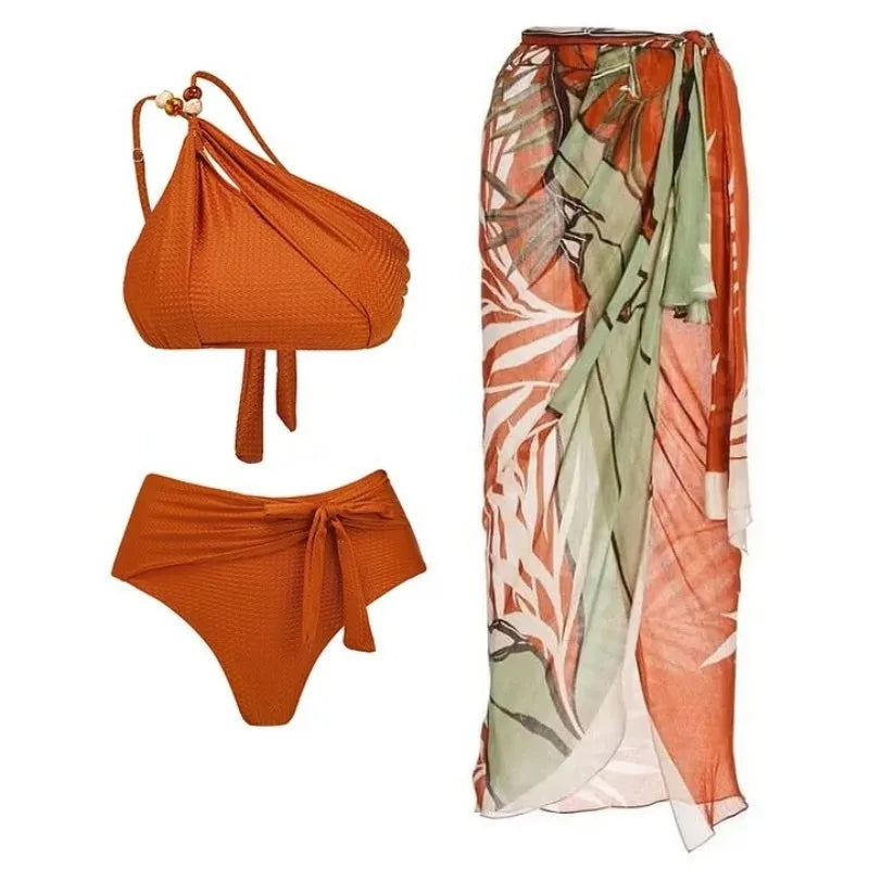 One Shoulder with Bead 3 Pieces Sets Bikinis+Skirt Women 2024 Biqunis Beachwear Bathing Suit Solid Monokini Summer Swimming Suit ShopOnlyDeal