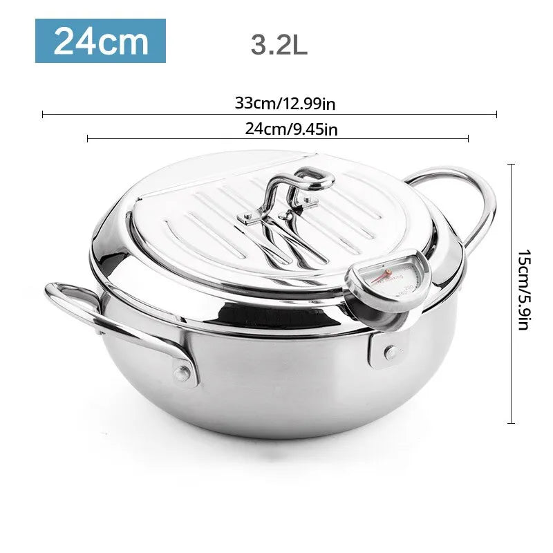 Stainless Steel Oil Pan with Thermometer and Cover - Household Tempura Oil Fryer - Small Oil-Saving French Fries Frying Pan ShopOnlyDeal