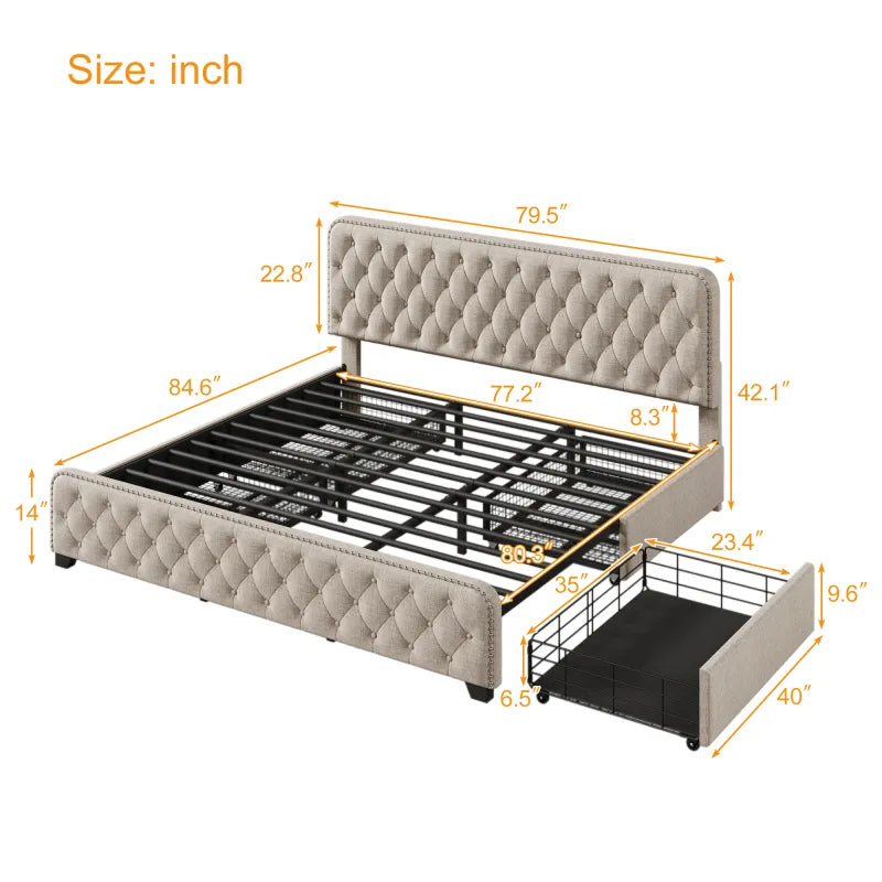 Upholstered Platform Bed with Button Tufted Headboard - Multi-Size Single Crate Frame Bed, Storage Bed with Drawers, Double Bed ShopOnlyDeal